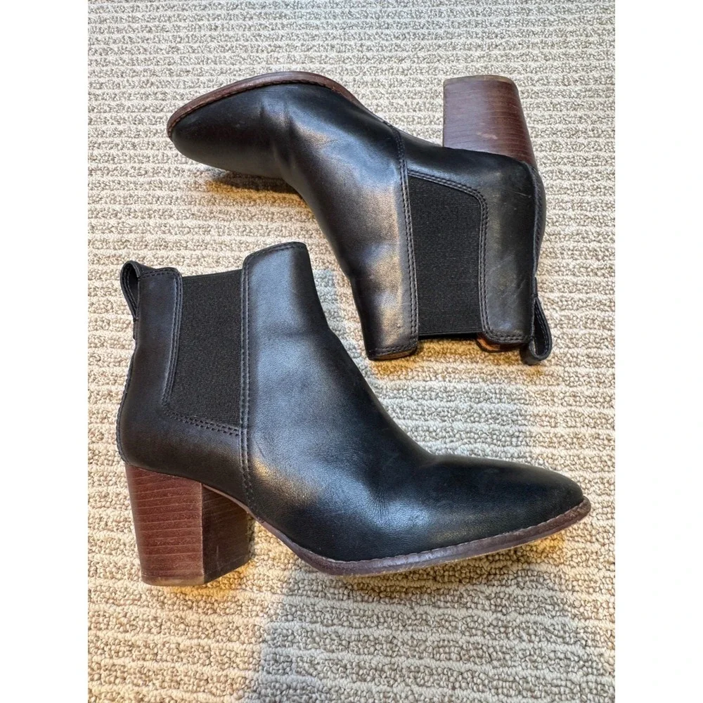 Madewell Women Black Leather Chelsea Ankle Boots Block Heel Pointed‎ Toe Size 7